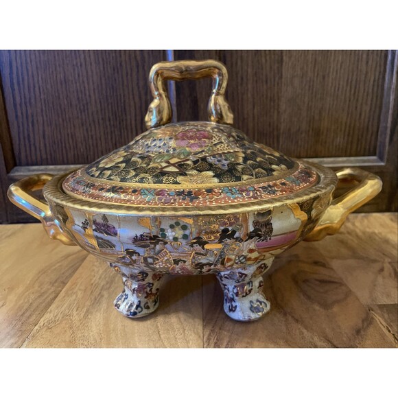 VTG Satsuma Hand Painted Decorated Moriage & Gilt Geishas Covered Footed Dish - Picture 1 of 16